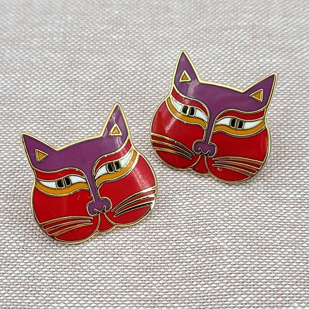 Vintage Signed Laurel Burch “Siamese Cats” Cloisonne Enamel Pierced Earrings